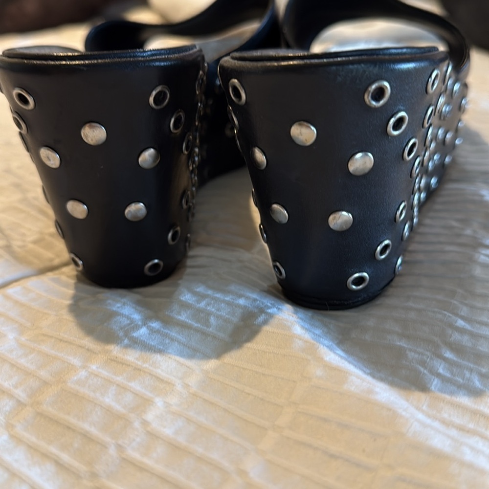Anne Klein Black Platform Slides with Silver Accents - Picture 3 of 5